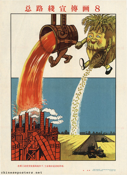 General Line propaganda poster 8 -- Under the condition that the development of heavy industry takes precedence, industry and agriculture must develop simultaneously